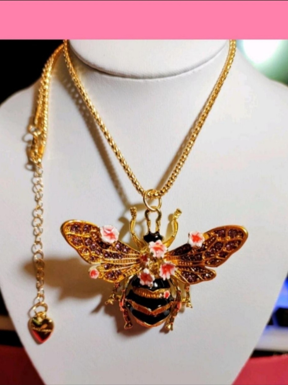 Betsey Johnson Gold Bee Pendant with Pink Floral Accents